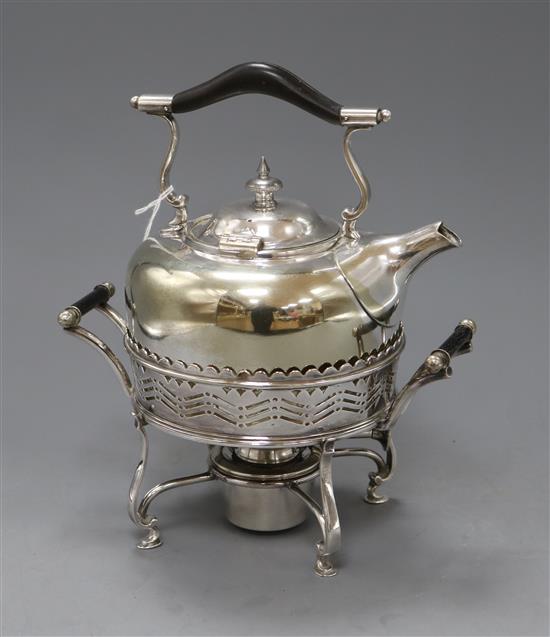 A Christopher Dresser-style plated tea kettle, burner and stand